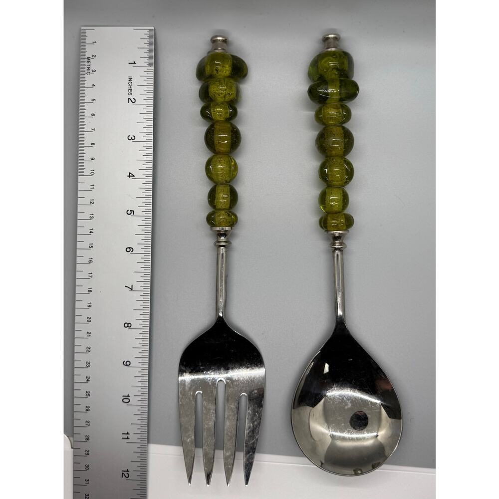 Serving Spoon And Fork Green Amber Color Glass Beaded Handle Set Of 2 Polished - Picture 3 of 7
